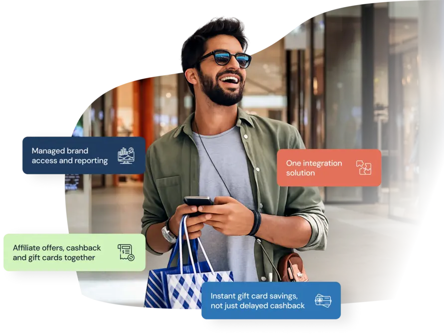 Shopper using a managed rewards programme with gift cards and cashback